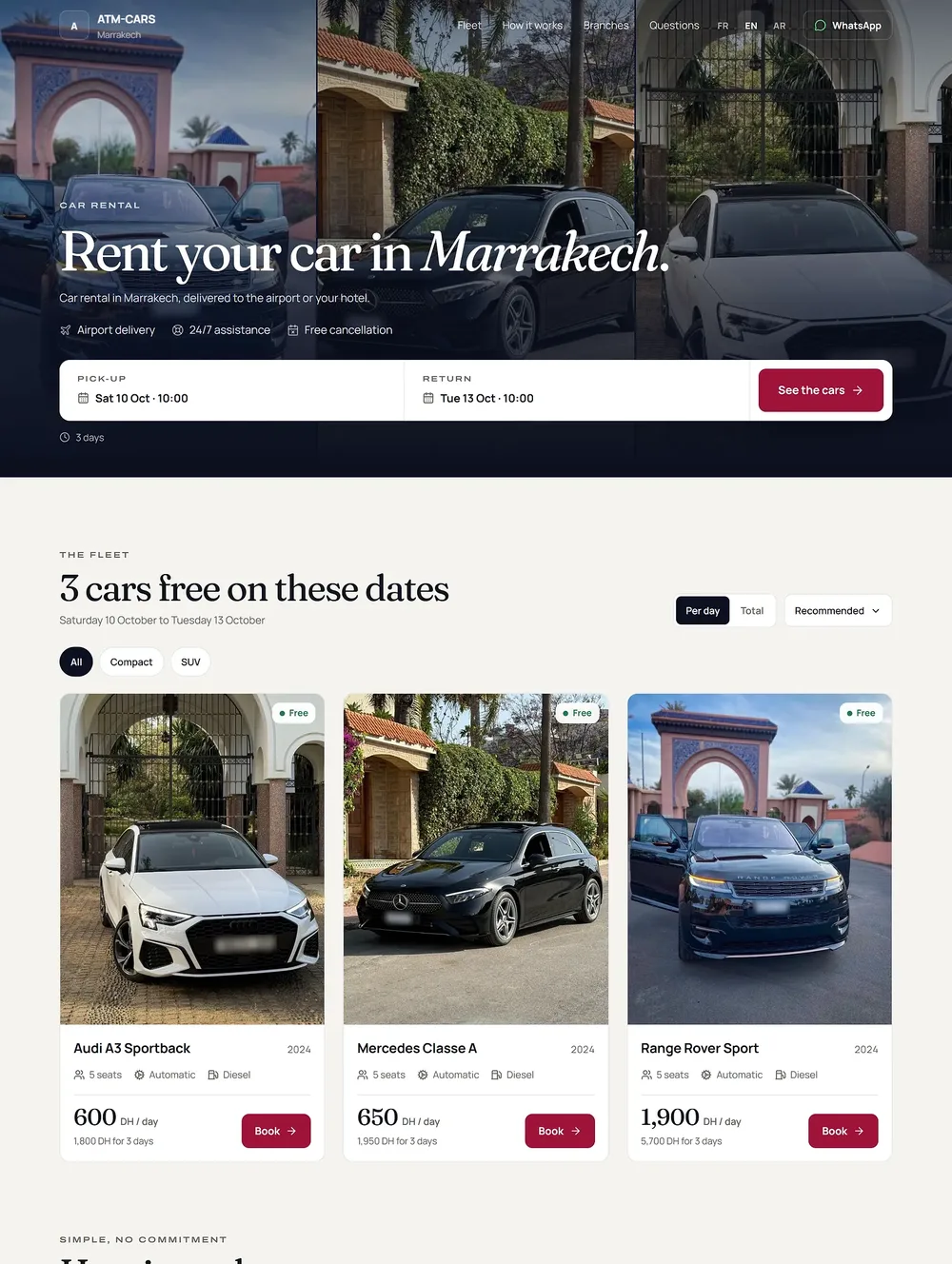 The ATM-CARS agency booking site: date search at the top, three free cars with their daily price below.