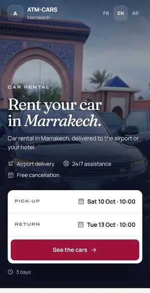 The same site on a phone: “Rent your car in Marrakech”, the date search and the See the cars button.