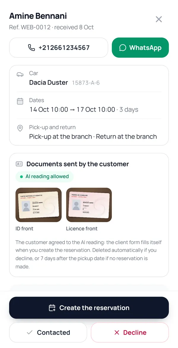 ORBIT screen: request WEB-0012 from Amine Bennani, Dacia Duster from 14 to 17 October, with the ID card and licence sent online.