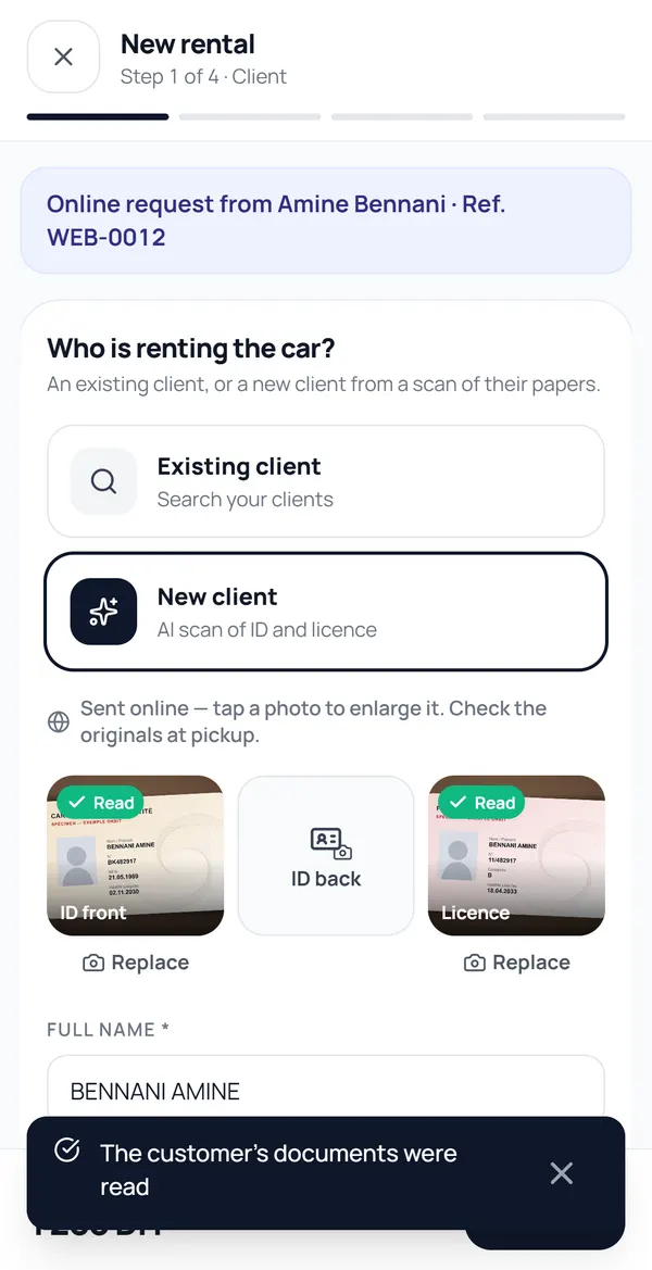 ORBIT screen, New rental: the ID card and licence received online are read by AI, the name and number are filled in.