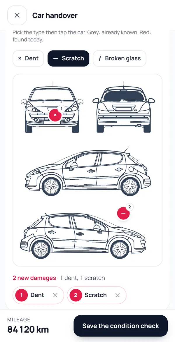 ORBIT screen, Car handover: the car diagram with a dent and a scratch marked, 84,120 km on the clock.
