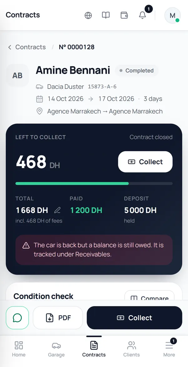 ORBIT screen, contract 0000128: total 1,668 DH, paid 1,200 DH, 468 DH left to collect, tracked under Receivables.