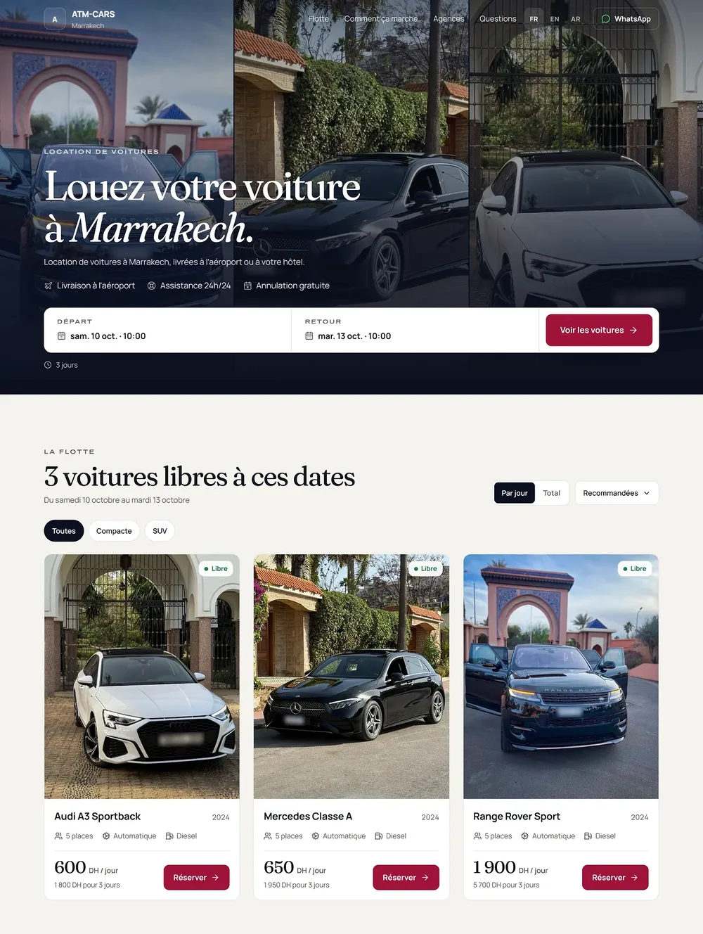 Le site de réservation de l’agence ATM-CARS : en haut la recherche par dates, en bas trois voitures libres avec leur prix par jour.
