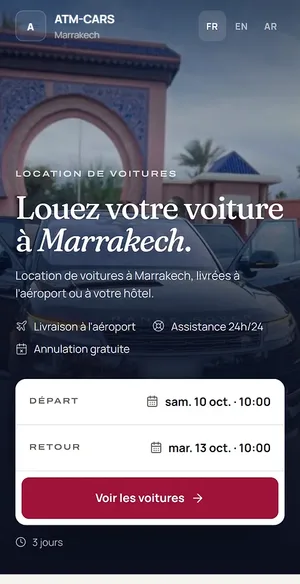 Le même site sur un téléphone : « Louez votre voiture à Marrakech », la recherche par dates et le bouton Voir les voitures.