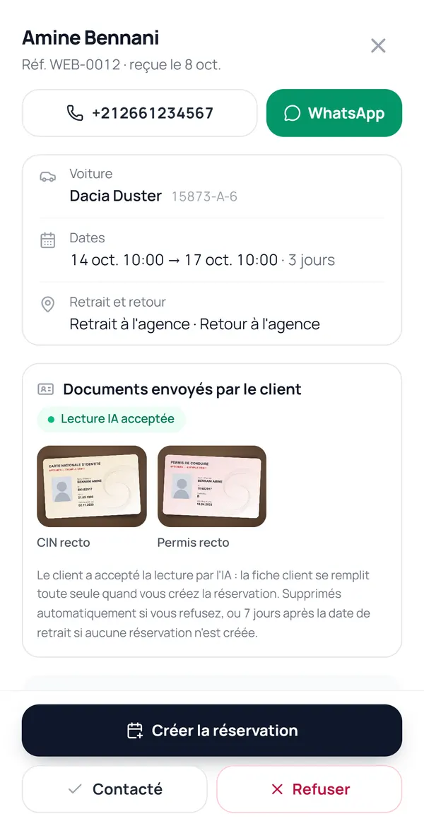 Écran ORBIT : la demande WEB-0012 d'Amine Bennani, Dacia Duster du 14 au 17 octobre, avec la CIN et le permis envoyés en ligne.