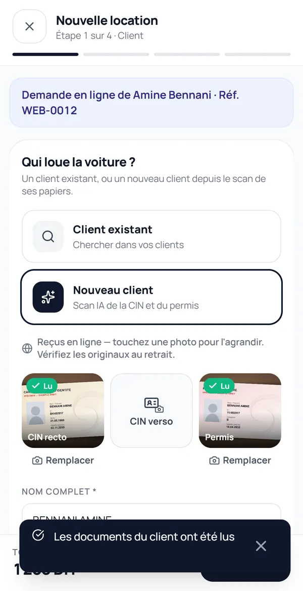 Écran ORBIT, Nouvelle location : la CIN et le permis reçus en ligne sont lus par l'IA, le nom et le numéro sont remplis.