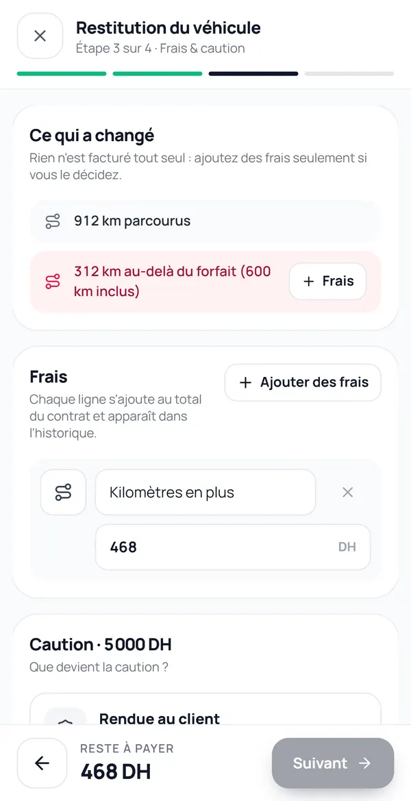 Écran ORBIT, Restitution : 912 km parcourus, 312 km au-delà du forfait, des frais de 468 DH, reste à payer 468 DH.