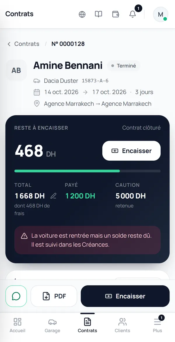 Écran ORBIT, contrat 0000128 : total 1 668 DH, payé 1 200 DH, reste à encaisser 468 DH, suivi dans les Créances.